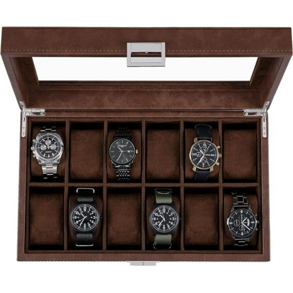 BEWISHOME 12 Slot Watch Box Organizer Glass Lid Faux Leather Display Case